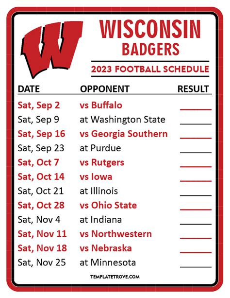 Printable 2023 Wisconsin Badgers Football Schedule