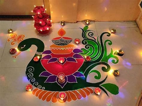 Peacock Rangoli in office | Rangoli designs simple diwali, Free hand ...