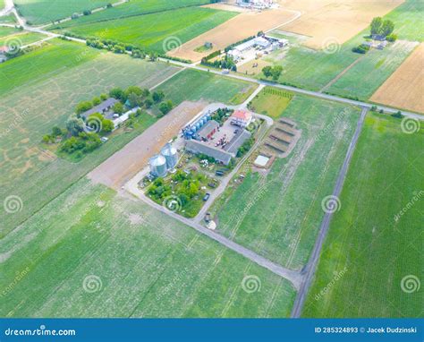 Aerial View of Farm, Red Barns, Corn Field in September. Harvest Season ...