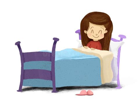 Drawing of a Girl Lying in Bed Smiling Ready To Sleep Stock ...