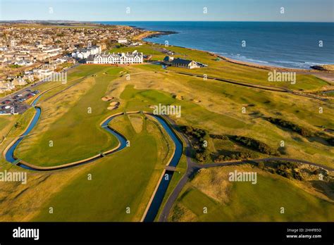 Aerial view from drone of Carnoustie Golf Links golf course in ...