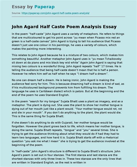 John Agard Half Caste Poem Analysis Free Essay Example