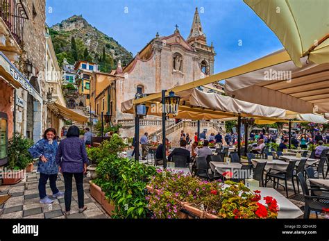 Italy Sicily Taormina Piazza IX Aprile restaurant and church of ST ...