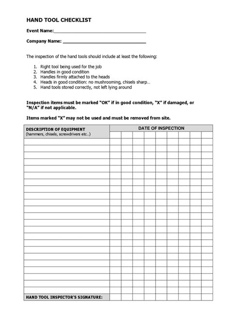 Hand tool checklist in Word and Pdf formats