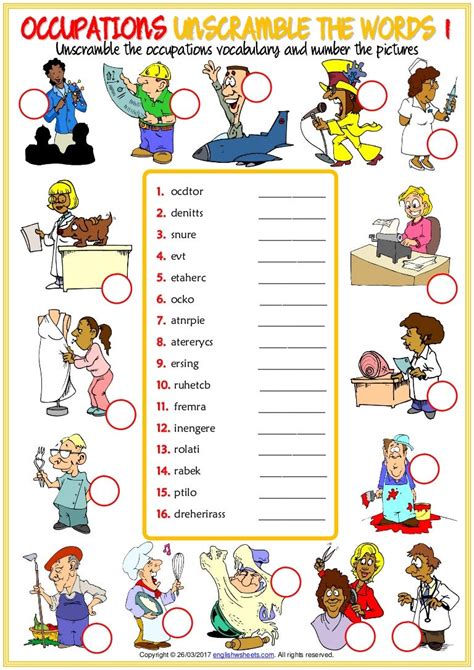 Occupations vocabulary esl unscramble the words worksheets for kids