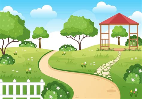 Beautiful Garden Cartoon Background Illustration With A Landscape ...