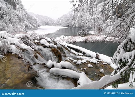 Plitvice Lakes in winter stock photo. Image of cold - 129941222