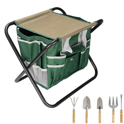 Folding Garden Stool With Detachable Storage Tote and 5 Pcs Gardening ...