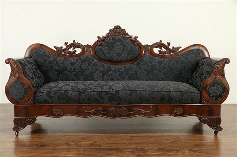 Empire Victorian Transitional Carved Mahogany Sofa, New Upholstery