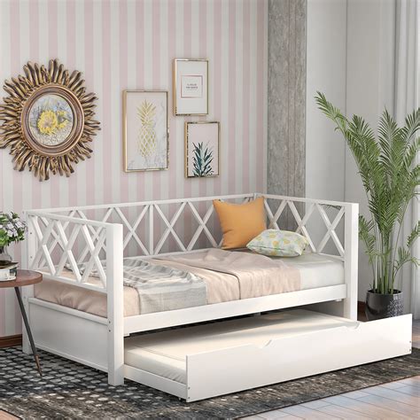 Twin Size Wooden Daybed Frame with Trundle Bed White