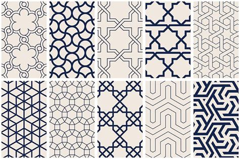 a set of nine different geometric patterns in blue and white, each with ...