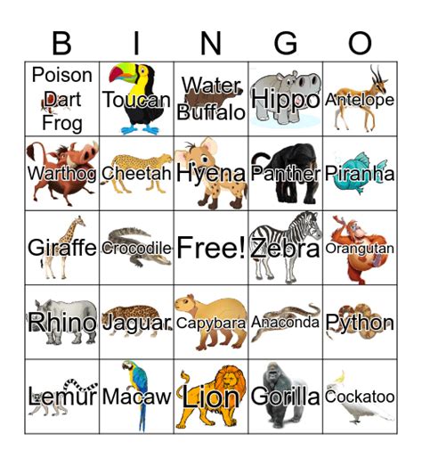 Jungle Animal Bingo Card