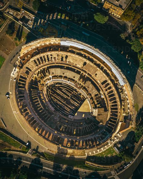 Aerial topdown view of Colosseum Arena, Rome, Italy stock photo