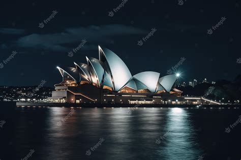 Premium Photo | The sydney opera house at night with the lights on.