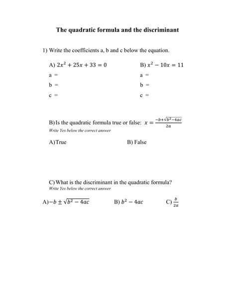 Quadratic Formula And Discriminant Worksheet Pdf Answer Key ...