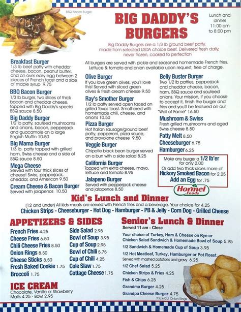 Menu of Big Daddy's Burgers in Duluth, MN 55811