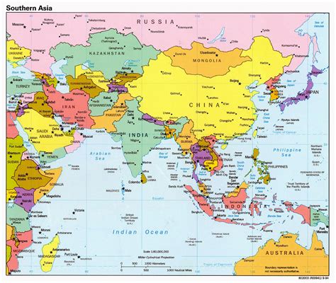 Detailed political map of Southern Asia with capitals and major cities ...