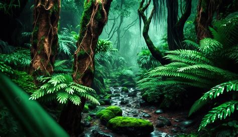 Forest Stones Rainforest Jungle Green Nature Background In The Rain ...