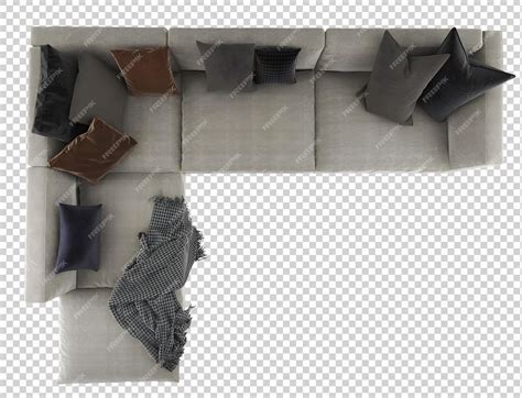 Premium PSD | Top view, gray big l shape sofa and pillows transparent