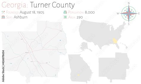 Large and detailed map of Turner county in Georgia, USA. Stock Vector ...