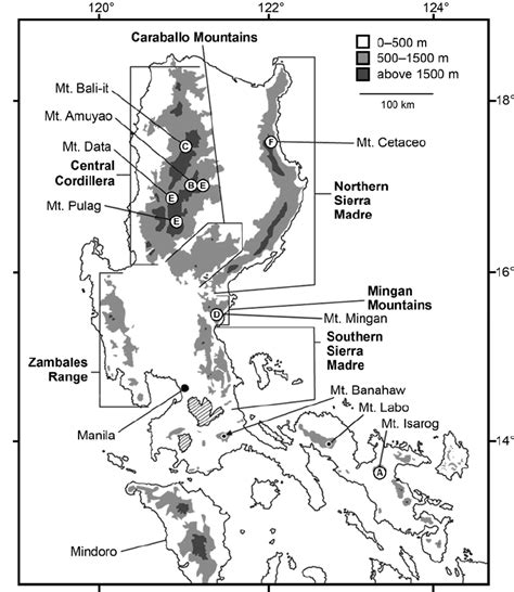 Map of Luzon and adjacent islands. The major mountains and mountain ...