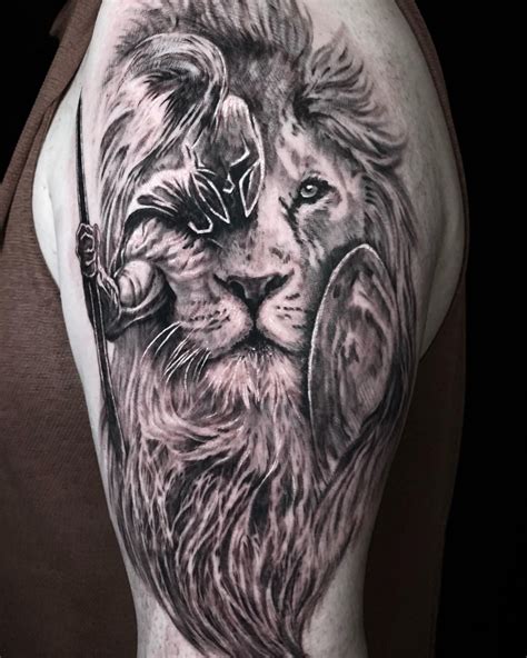 Lion and Warrior Tattoo | Warrior tattoo, Lion tattoo, Black and grey ...