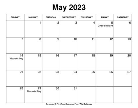 May 2023 Calendar With Holidays Printable - Get Calender 2023 Update