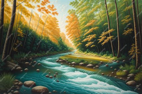 Premium AI Image | A painting of a river with trees and rocks in the ...