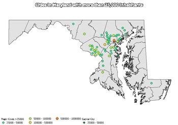 Map of large cities in the state of Maryland ranked by population