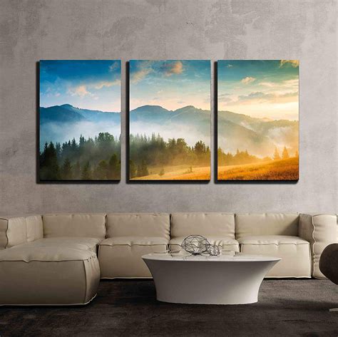 wall26 - 3 Piece Canvas Wall Art - Amazing Mountain Landscape with Fog ...