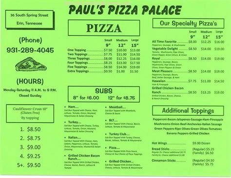 Online Menu of Pauls Pizza Palace Restaurant, Erin, Tennessee, 37061 ...