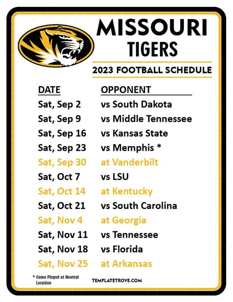 Printable 2023 Missouri Tigers Football Schedule