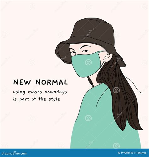 Vector Illustration New Normal Woman Wear Bucket Hat and Face Mask ...