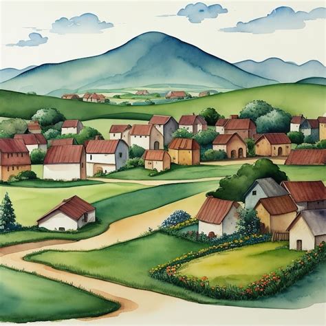 Premium AI Image | Village landscape watercolor