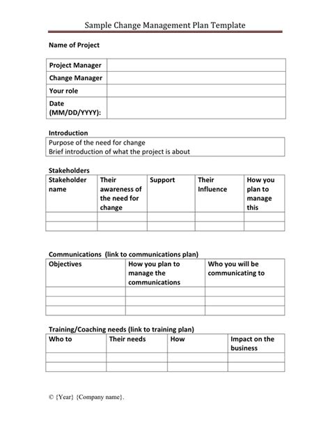 Sample change management plan template in Word and Pdf formats