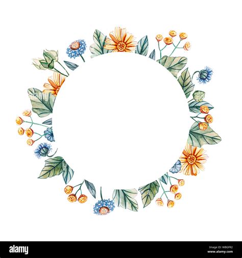 Floral round frame of watercolor wildflowers. There is a place for text ...