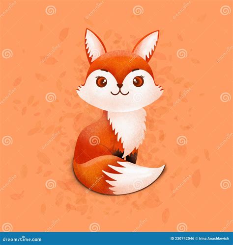 Cartoon Cute Fox on an Orange Background with Autumn Leaves for Print ...