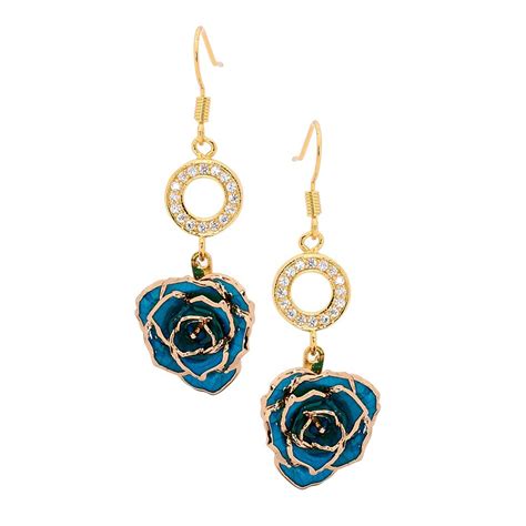 Blue Glazed Rose Earrings in 24K Gold