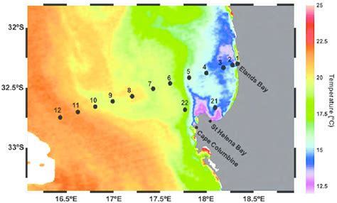 Sea surface temperature composite image of St Helena Bay indicating ...