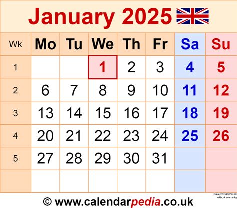 Calendar January 2025 UK with Excel, Word and PDF templates