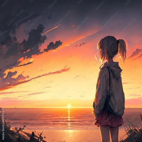 Anime girl watching the sunset. 3d illustration Generative AI Stock ...