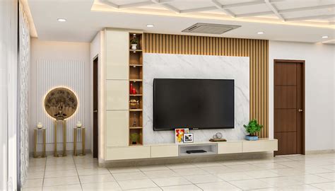 Contemporary TV Unit Design With Marble Panel And Wooden Rafters | Livspace