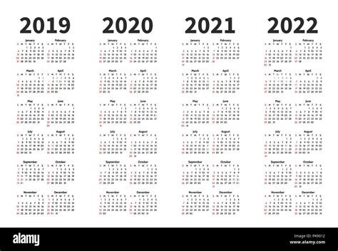 Calendar 2019, 2020, 2021 and 2022 year vector design template. Simple ...