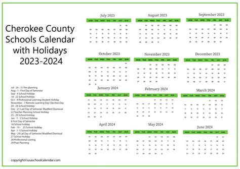 Cherokee County Schools Calendar with Holidays 2023-2024