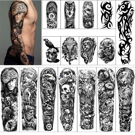 Waterproof Temporary Tattoos Full Arm 8 Sheets and Half Arm Fake ...