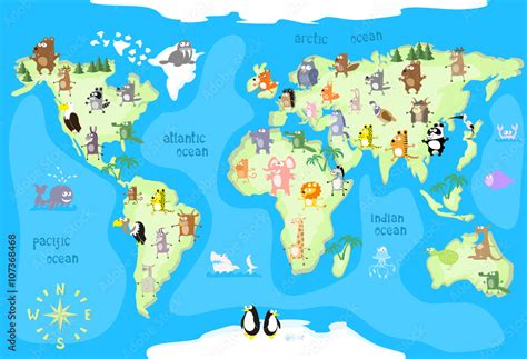 Concept design world map with animals of all the continents and oceans ...