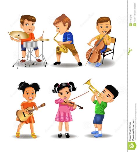 Children playing instruments. Vector set of children playing different ...