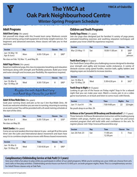 Oak Park Winter-Spring Schedule by YMCA of Oakville - Issuu