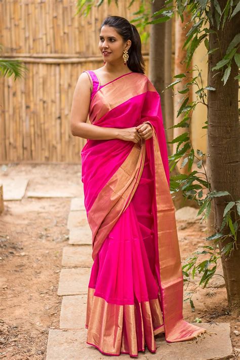 House Of Blouse Pink Pure Chanderi Cotton Silk Saree With Zari Border # ...