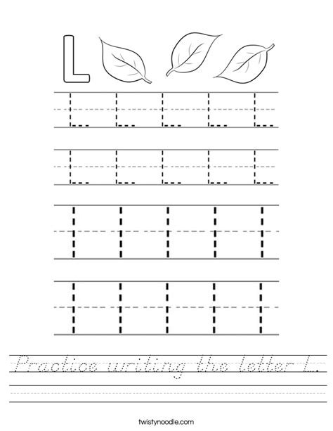 Practice writing the letter L Worksheet - D'Nealian - Twisty Noodle